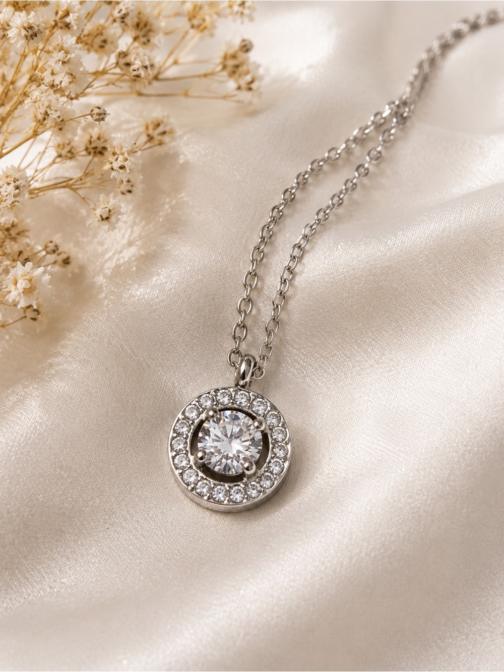 Stainless Steel Halo Pendant Necklace with Clear Crystal